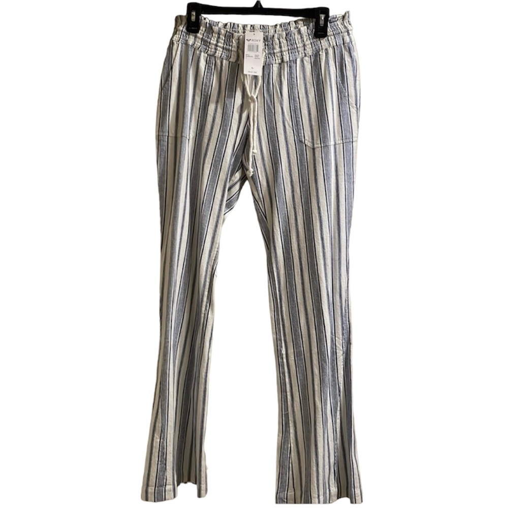 Roxy adorable navy and white beach pants with elastic waist and draw strings NWT